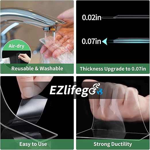 EZlifego Double Sided Tape Heavy Duty(Extra Large, Pack of 2, Total 396 Inch), Nano Double Sided Adhesive Tape, Clear Mounting Tape Picture Hanging Strips, Removable Wall Tape Sticky Poster Tape Decor