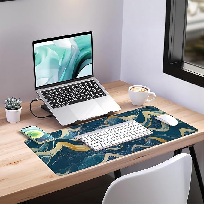 Ocean Waves Extended Gaming Mouse Pad 35.4 x 15.7 Inch – Large Desk Mat for Gaming, Office, and Home Use, with Non-Slip Rubber Base and Smooth Cloth Surface