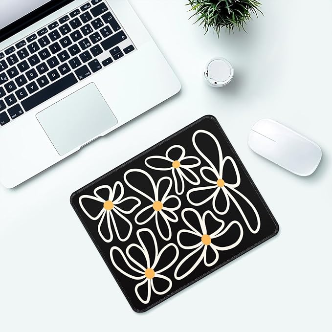 Black Daisy Flower Desk Pad Mat with Stitched Edges and Non-Slip Rubber Base, Premium-Textured Mouse Pad for Laptop, Computer & PC, Gaming & Working, Waterproof Mousepad