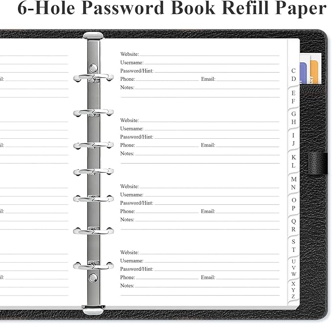 Password Book Refills - A-Z Password Notebook Refill Paper with Alphabetical Tabs, 120gsm White Paper, 7-Hole/Desk Size 4, 5.8" x 8.3"