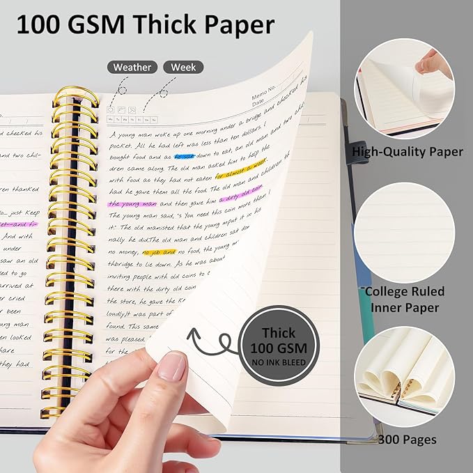 Hardcover Spiral Notebook Journal with Removable PVC Dividers - 8'' x 10'' Large 300 Pages B5 Hardcover Leather Lined Journals Notebook with Tab for Work Note Taking Office Home School Supplies, Black