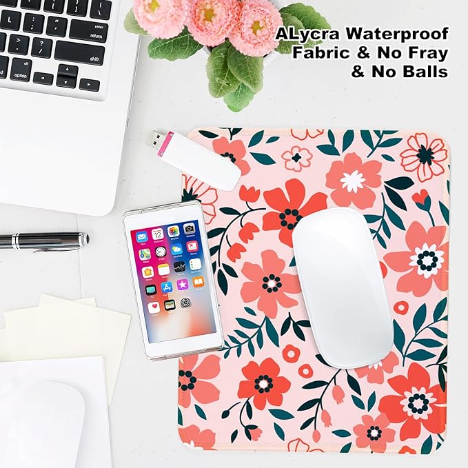 Red Flower Square Mouse Pad with Non-Slip Rubber Base,Home Office Decoration Desktop Accessory, Laptop Mouse Pad for Office Laptops,9.4x7.8x0.12in 18