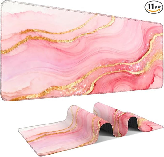 Extended Gaming Mouse Pad Large Desk Mat Anti-Slip Rubber Base & Durable Stitched Edges for Gamers Smooth Mouse Writing Surface for Desk Office/Home (Pink and Gold Stripes, 35.4x15.7Inch)