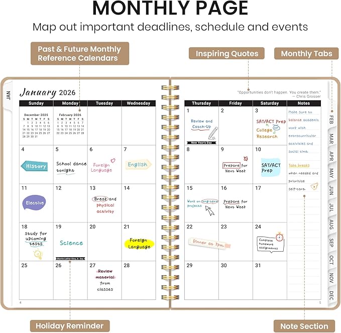 2026 Planner, Weekly and Monthly Calendar Planner, January 2026 - December 2026, Hardcover 2026 Calendar Book with Tabs For Women & Men, Inner Pocket, Spiral Bound, Perfect for Office Home School Supplies - A5 (6.3" x 8.5"), Oat Brown