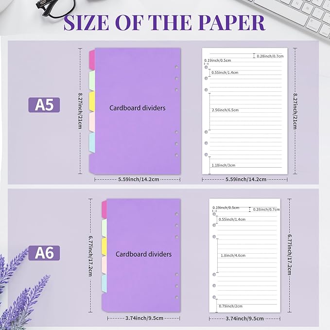 A5 Refill Paper Planner Inserts, 6-Hole Loose Leaf Paper, College Ruled Loose Leaf with Binder Dividers, Punched Notebook Refills for 6-Ring Refillable Binder, 240 Pages, White