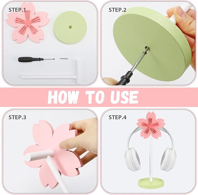 Yookeer Cute Headphone Stand Decorative Sakura Headphone Stand Cute Pink Flower Wood Desk Decor for Gamer Room Office Desk Gaming Gifts for Girlfriend Office Worker