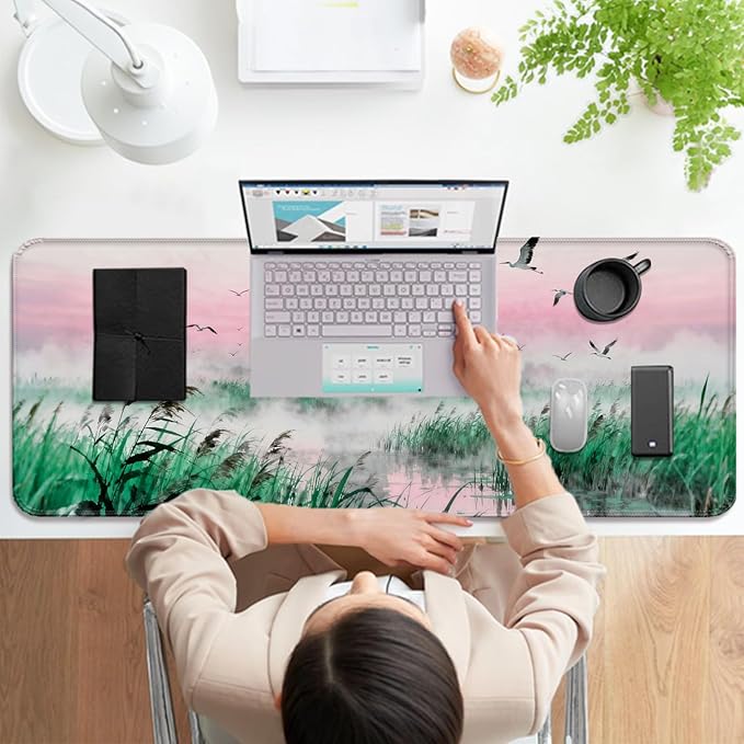 Fantasy Green Tower and Egret XL Large Desk Mat, Extended Long Desk Pad for Gaming and Office, Non-Slip Rubber Base, Comfortable Surface Mouse Pad, 31.5x11.8 in (H24)