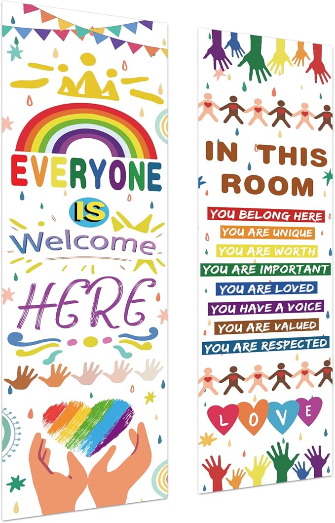 2 Pcs Classroom Welcome Sign Rainbow Classroom Decoration Everyone Is Welcome Banner for Door Bulletin Board Kindergarten Pre School Elementary & Middle High School Wall Sign, 11.8 x 47.2 Inch
