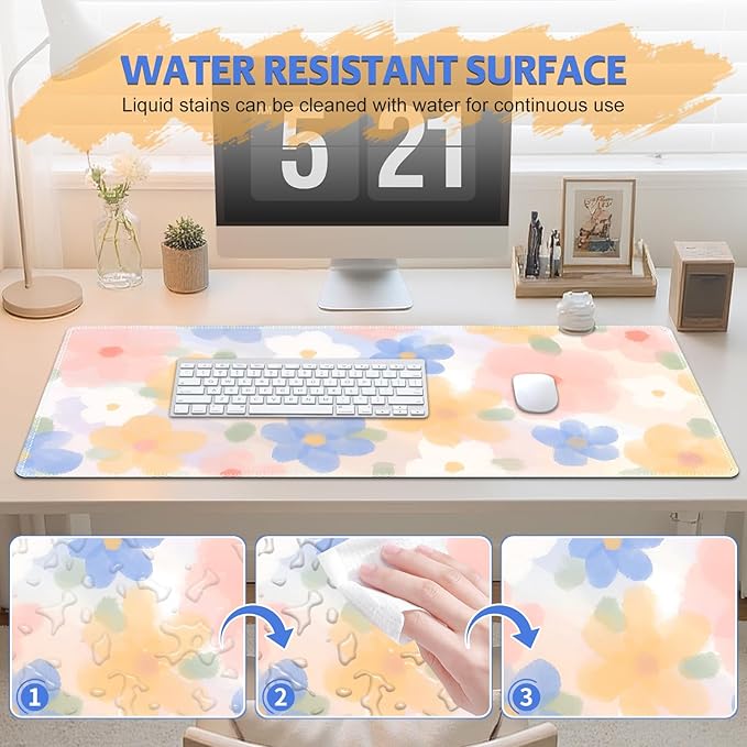 Floral Desk Pad Mouse Pad, Large Gaming Mouse Mat with Stitched Edges, Non-Slip Waterproof Rubber Base Mous Mat for Office Computer Keyboard Laptop Home Decor Women Girl (35.4X17.5 in), Watercolor