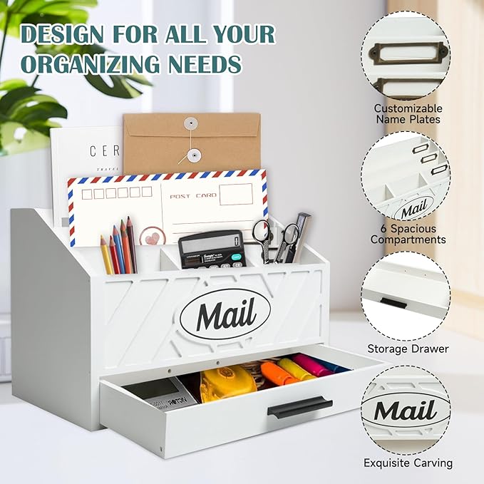 Wood Desktop Mail Organizer, Mail Organizer Countertop with 6 Compartments and Drawer, Wood Mail Holder Office Accessories for File Letter Paper Folder, White
