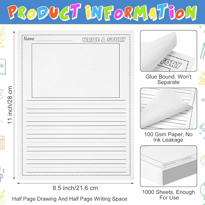 1000 Sheets Kindergarten Writing Paper Writing Paper for Kids Story, Back to School Supplies Bulk Primary Notebook with Picture Space and Lines 8.5 x 11 Inches Handwriting Papers for Creating