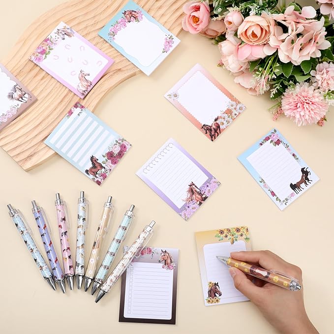48 Pcs Horse Sticky Notes with Pens Themed Party Favors Gifts Cute Notepad Adhesive Memo Notes Black Ink Ballpoint Pen for Horse Lover Christmas Office School Students Teacher Supplies
