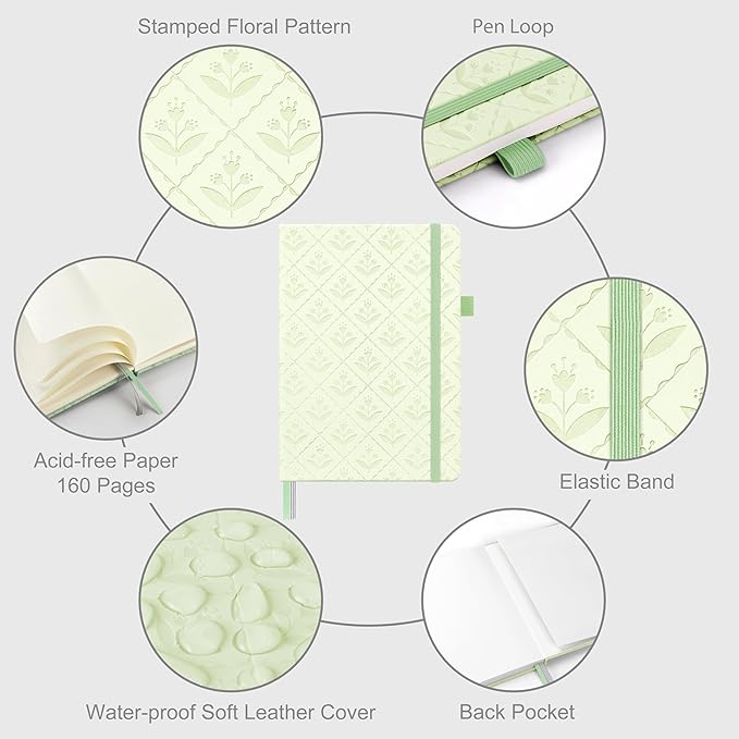 &And Per Se Bullet Dotted Journal, A5 Hardcover Aesthetic Notebook – 160 Pages 100gsm Thick Dot Grid Paper, 3 Sticker Sheets – Gift-Ready Journaling Kit for Women (Light Green)