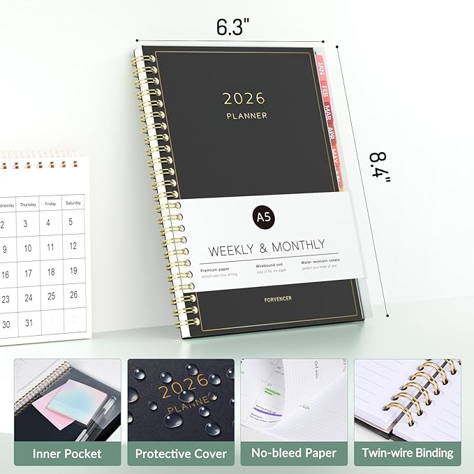 2026 Planner, Forvencer Calendar Planner Weekly and Monthly (Jan 2026-Dec 2026), 6" X 8", Agenda Book, Daily Journal Notebook with Tabs, Flexible Cover, Home School Organizer, A5, Green