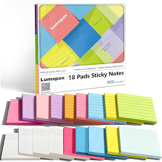 3x3 Inches Sticky Notes Variety Pack, 18 Pads Self Stick Notes, 50 Sheets/Pad, Included 8 Blank Pads, 6 Lined Pads and 4 Transparent Sticky Notes, 900 Total Sheets