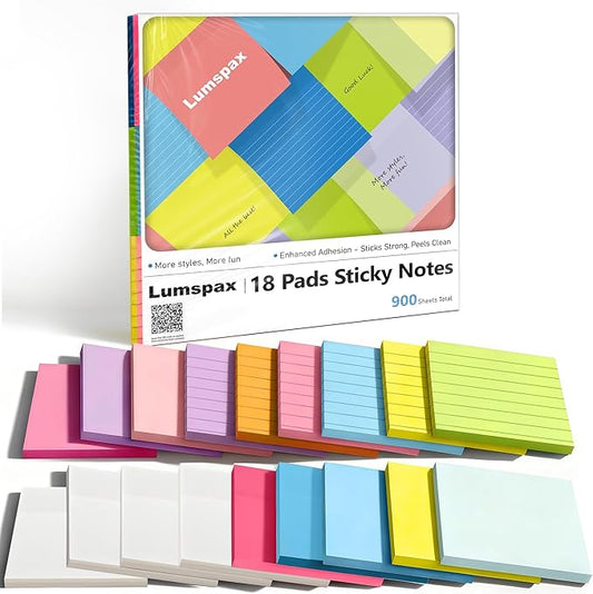 3x3 Inches Sticky Notes Variety Pack, 18 Pads Self Stick Notes, 50 Sheets/Pad, Included 8 Blank Pads, 6 Lined Pads and 4 Transparent Sticky Notes, 900 Total Sheets