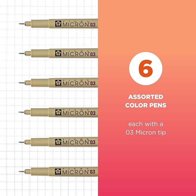 SAKURA Pigma Micron Fineliner Pens, 03 Tip Size, Archival Ass't Colors, 6 PK 50049