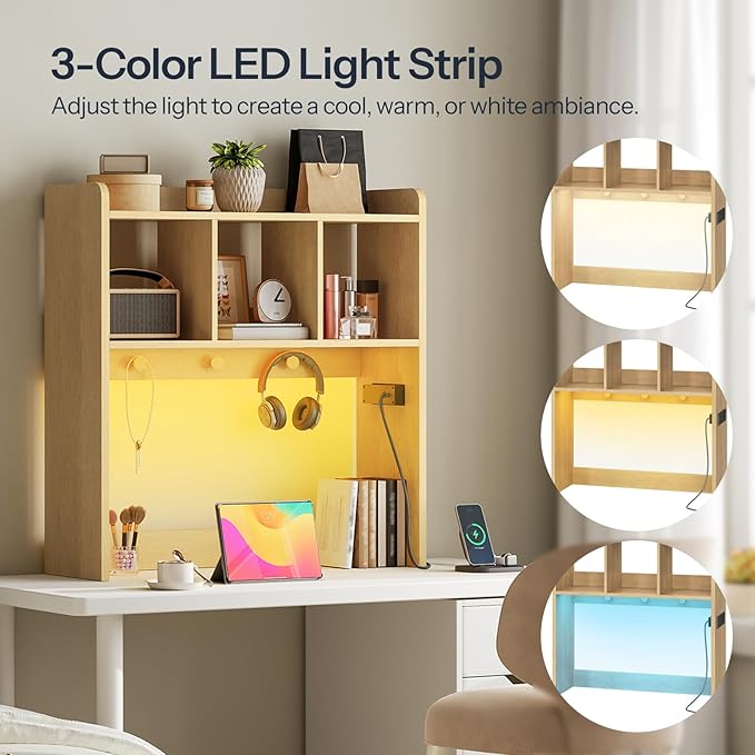 HOOBRO Desktop Bookshelf, Office Desktop Shelf, Desk Hutch with Outlets, Wooden Office Desktop Bookcase, Desktop Organizer Shelf with LED Light Strip and 3 Hooks, for Home, Study, Natural NL12UDSJ01