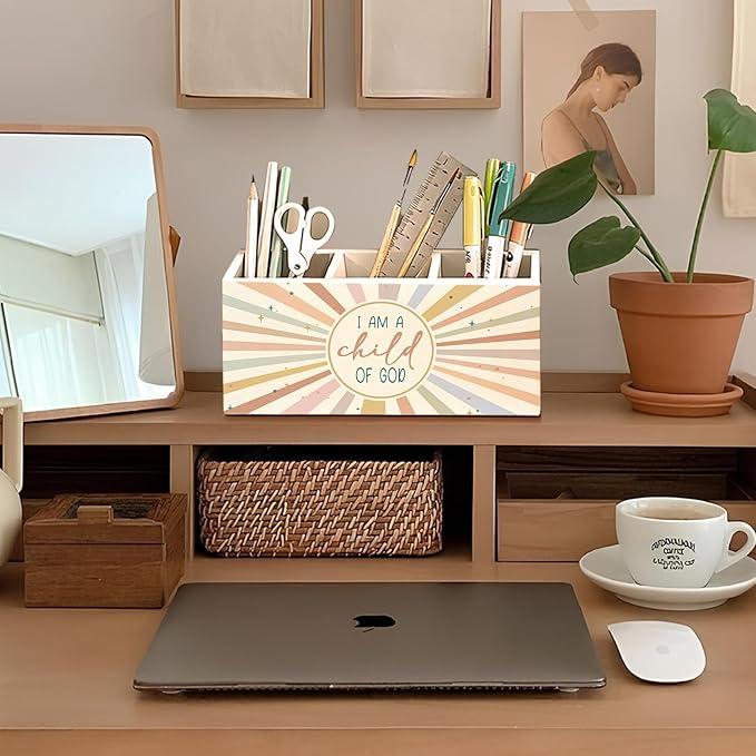 Boho Sunshine Christian Pen Holder, Christian Gifts Pencil Holder for Desk, I Am a Child of God Bible Verse Wooden Box Sign Decorations for Kids Nursery Room Bedroom Classroom Desk Tabletop