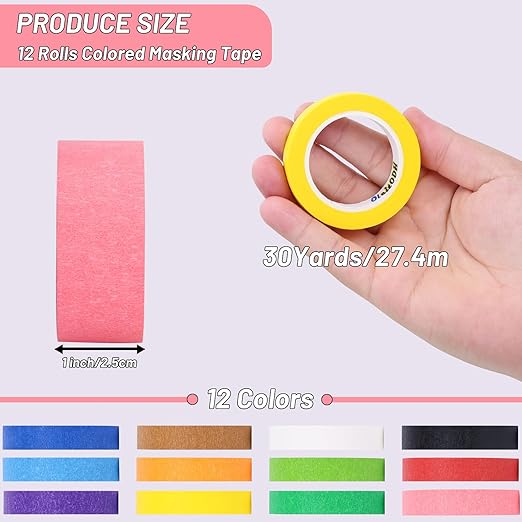 12 Rolls Colored Masking Tape-1 inch x 1080 Ft Painters Tape, Rainbow Colors Rolls Bulk Colorful Paper Marking Tape Decorative Arts Crafts Labeling DIY School Classroom Supplies