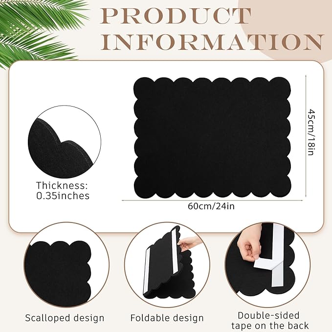 Scalloped Felt Bulletin Board 24 x 18 Inches Foldable Black Pin Cork Board Alternative for Wall, 2' x 1.5' Trifold Picture Vision Self Adhesive Bulletin Decorative