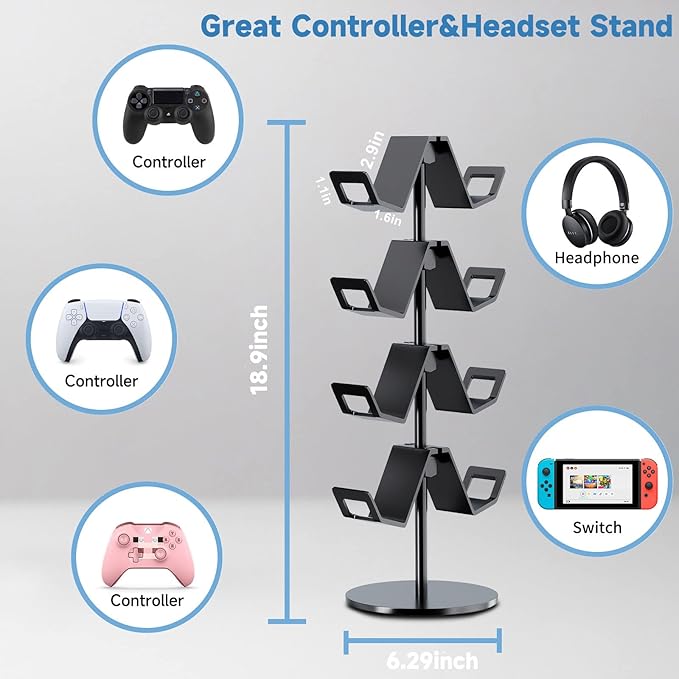 Controller Holder 4 Tier,Headphone Stand - Adjustable Headset Holder for Xbox PS5 PS4 Switch Pro - Gaming Accessories Storage for Gamer,Desk/Floor(Black)