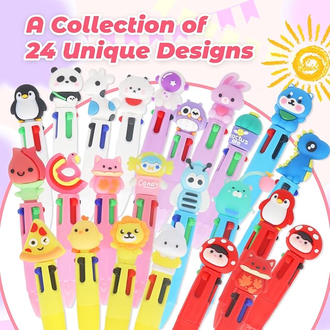 Mini Multicolor Pens in One 4-in-1, Cute Pens Bulk for Children's Party Favors and Birthdays Gifts, Fun Kawaii Cool Ballpoint Pen for Kids Classroom Prizes Teacher Supplies (Cute, 24)