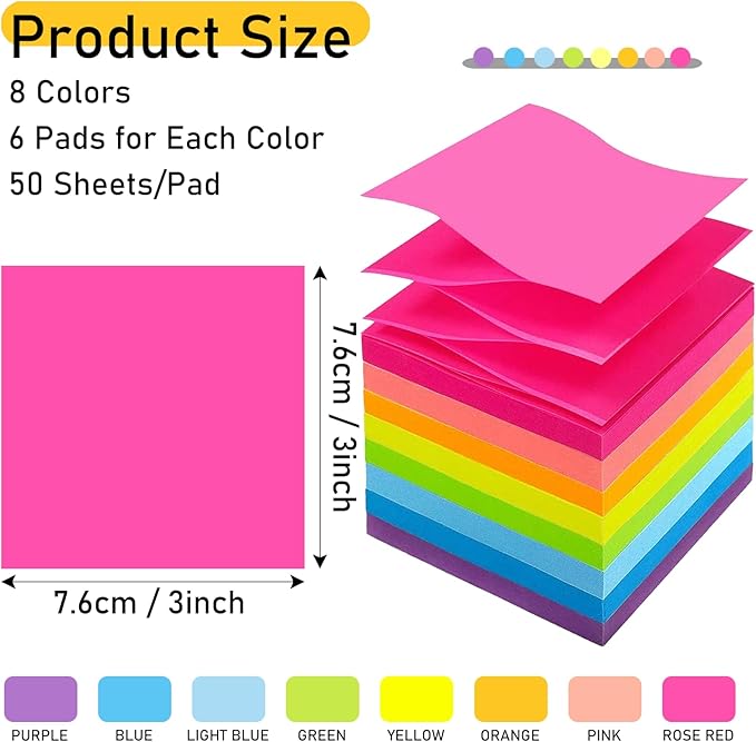 48 Pack Pop Up Sticky Notes 3x3, 8 Bright Colors Accordion Sticky Notes Bulk, Self Sticky Notes Pads for School, Office Supplies, Desk Accessories, Multicolor