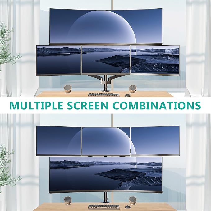 WALI 4 Monitor Mount for up to 49 inch Ultrawides on Top Bracket and 27 inch Screens on Lower Brackets, Heavy Duty Gas Spring Arm Extra Tall Quad Monitor Stand, up to 44 lbs (GSDM004S-P), Black
