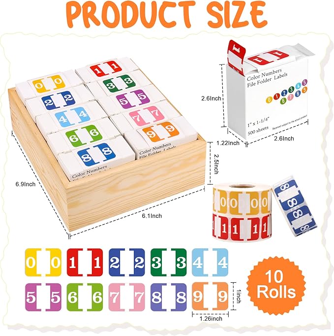 10 Rolls Number File Folder Labels Set Color Series Chart Stickers with Wooden Tray Set of Numbers 0-9 File Labels for File Folders Number Label Index Numeric Labels Index Stickers for Office School
