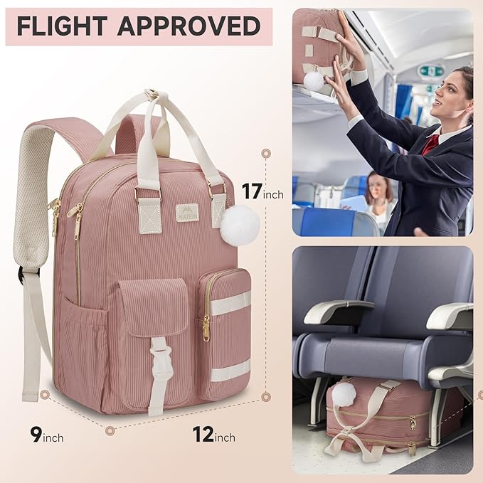 MATEIN Laptop Backpack for Women, Cute Corduroy Computer Backpack with USB Charging Port & Water Bottle Holder, TSA Lightweight Aesthetic Bag Work Business Backpack College Teacher Bags, Pink