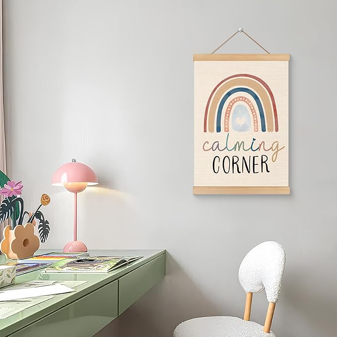 ROXMART Boho Rainbow Calming Corner Poster Hanger Frame, Mental Health Wall Decor, Psychology Therapy Wall Art Prints Decor for Kids Room Therapist Counselor Calming Office, 12x16 Inch