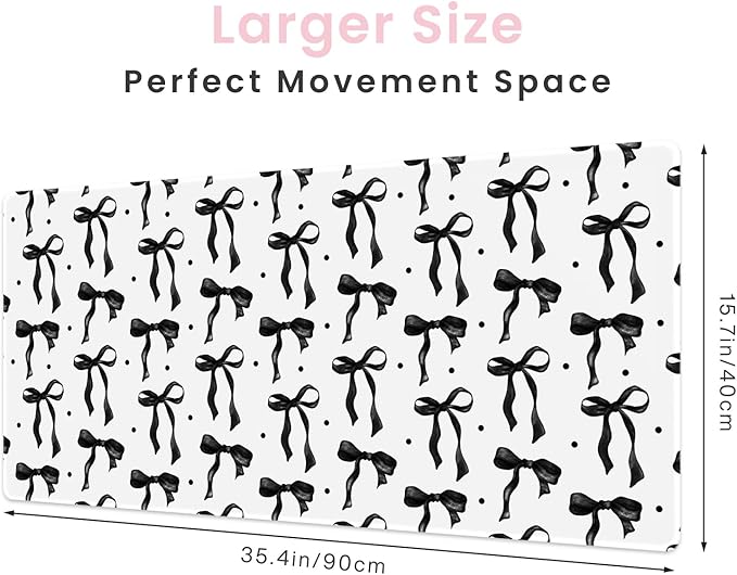 Cute Mouse Pad, Black and White Desk Mat with Bows Computer and Keyboard Mat, Non-Slip Rubber Base Laptop PC Pad, XXL Large Mouse Mat Desktop Pad Home Office Accessories for Girl 35.4 x 15.7in