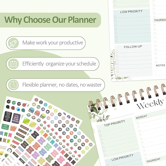 Weekly To Do List Notepad with 52 Undated Sheets (8.5"×11"), Desk Weekly Planner Notepad for Office Desk Accessories and School Supplies (Green)