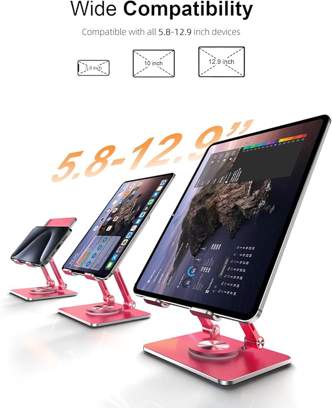 Tablet Stand Holder with Thickened 360°Rotating Base Dual Rod Adjustable Aluminum Stand for All 5.8-12.9” iPad Samsung Phone Tablet Kindle E-Reader and More, Red