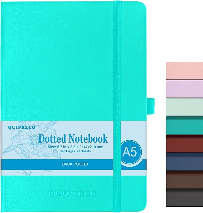Bullet Dotted Journal Hardcover Notebook, A5 140 Pages 120Gsm Thick Paper for School,Note Taking,Work,Diary，5.7''*8.3'',Turquoise