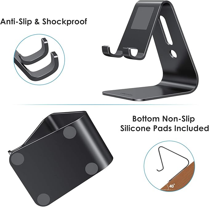 OMOTON Upgraded Aluminum Cell Phone Stand, C1 Durable Cellphone Dock with Protective Pads, Smart Stand Designed for iPhone 17 Air, 16/15/14/13 Pro Max XR XS, iPad mini, Android Phones, Black