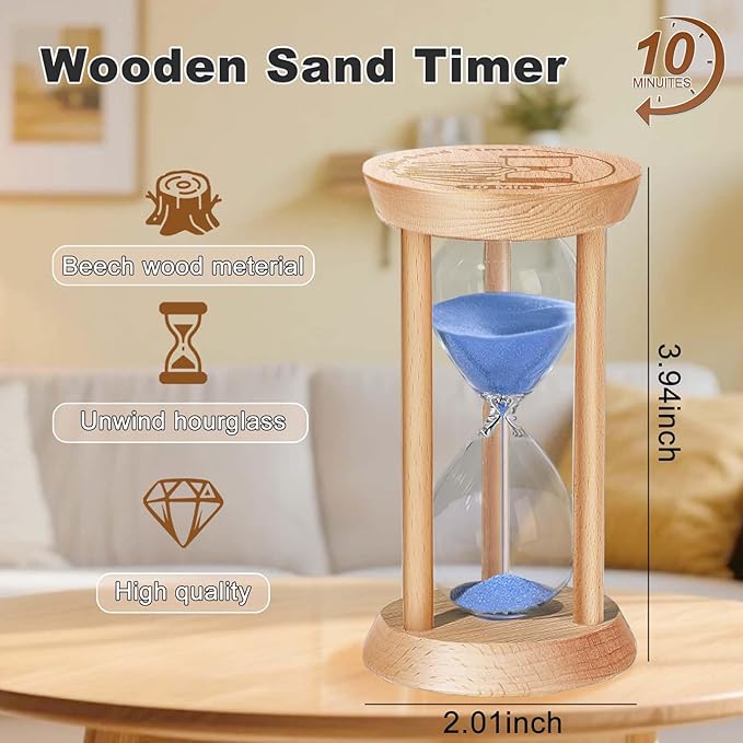 SuLiao Wooden Sand Timer 10 Minute Hourglass, Wood Blue Sand Clock, Small Watch 10 Min Timer, Hour Glass Sandglass for Home, Reloj De Arena, Office, Decorative, Game, Classroom