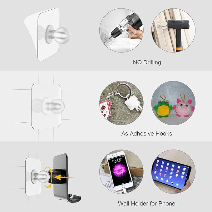 Tryone Wall Mount Cell Phone Holder - Mirror Adjustable Cellphone Stand with 2Pcs Adhesive Sticky Pads for Bathroom Bedroom Kitchen or Dorm, Compatible with iPhone Series or Other Smartphones