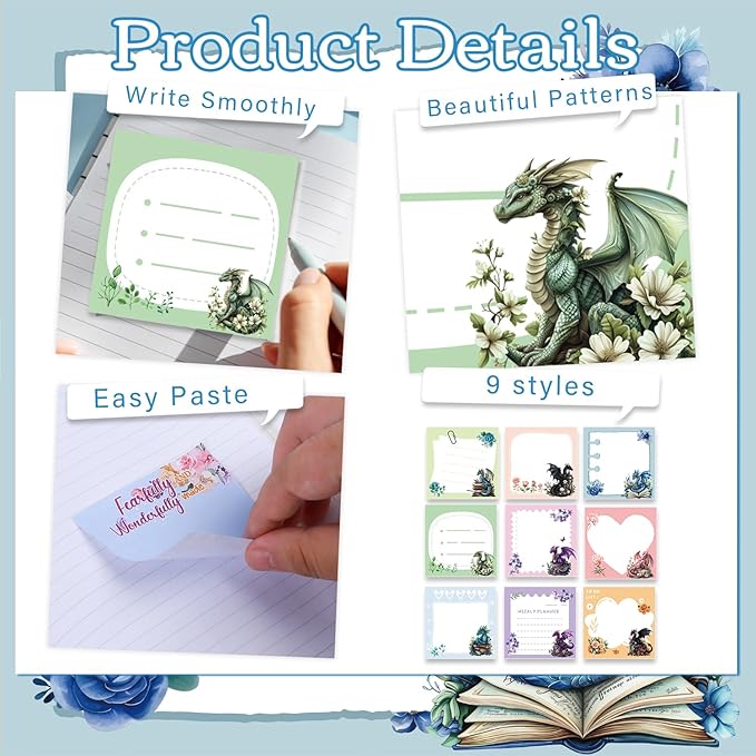 Dragon Sticky Notes Gifts - 9 Pack Colorful Dragon Notepads 3x3 Inch Gifts, Funny Animals Self-Adhesive Memo Pads Office School Supplies for Students Coworkers (450 Sheets)