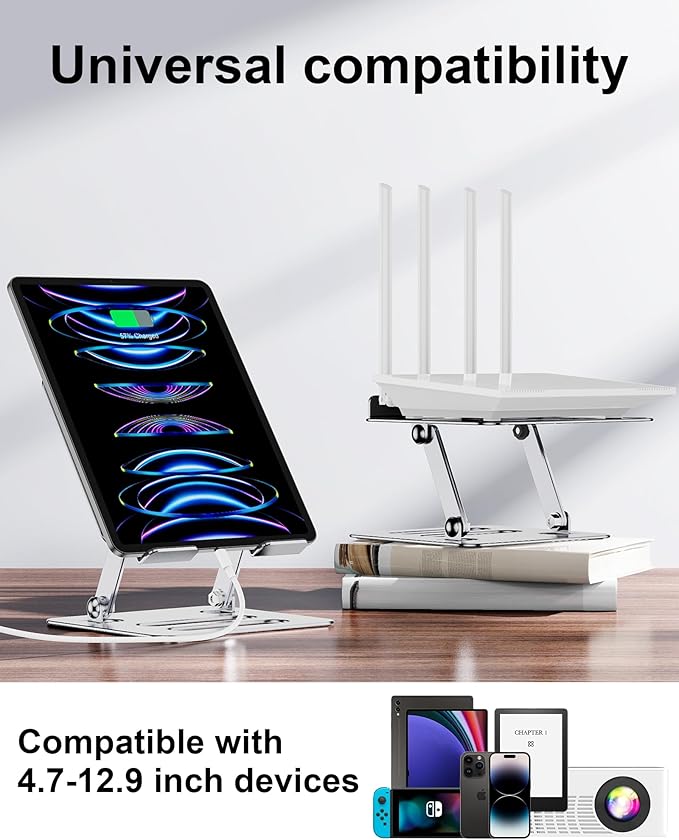 T-Ablet Stand Holder for iPad for Desk, Adjustable Foldable Aluminium Travel T-Ablet Stand for Kindle and T-Ablet (4.7-12.9 inch) Compatible with iPad Pro/Air/Mini, Silver