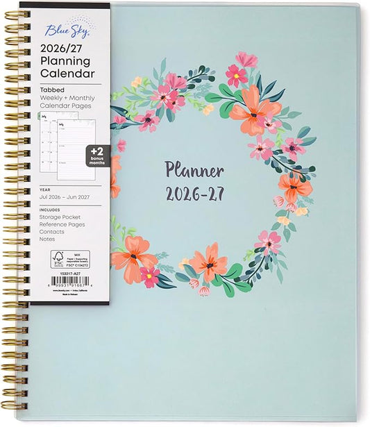 Blue Sky 2026-2027 Weekly and Monthly Academic Year Planner Calendar, July 2026 - June 2027, 8.5" x 11", Flexible Cover, Wirebound, Laminated Tabs, Storage Pocket, Laurel