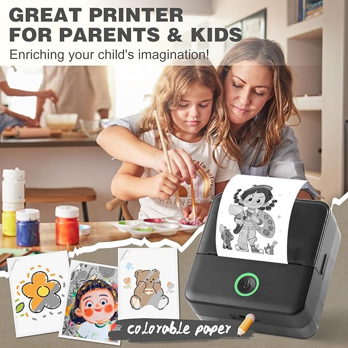 cudinham Print Pods Mini Printer, Sticker Printer with 10 Rolls Thermal Printing Paper, Inkless Pocket Printpod for Phone, Impresora Portátil for Notes, DIY, Compatible with iOS & Android (Black)