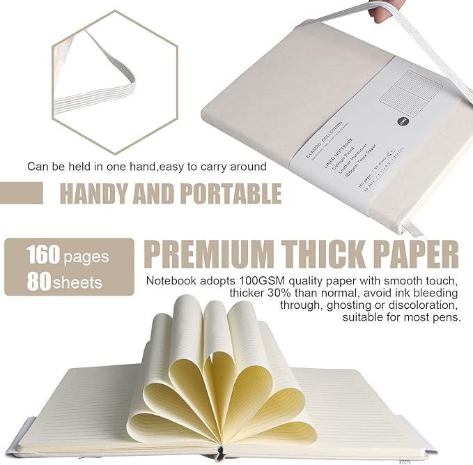 Lined Journal Notebook, 6Pack Hardcover Notebook for Men & Women – Journals for Writing, Work, School, Home & Daily Notes, 160 Pages – Medium A5, 5.7"x8", 100 gsm Thick Paper (White)
