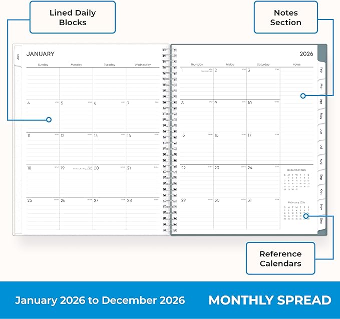 Blue Sky 2026 Weekly and Monthly Planner Calendar, January 2026 - December 2026, 8.5" x 11", Flexible Frosted Cover, Laminated Tabs, Durable Twin Wire Binding, Storage Pocket, Amitza