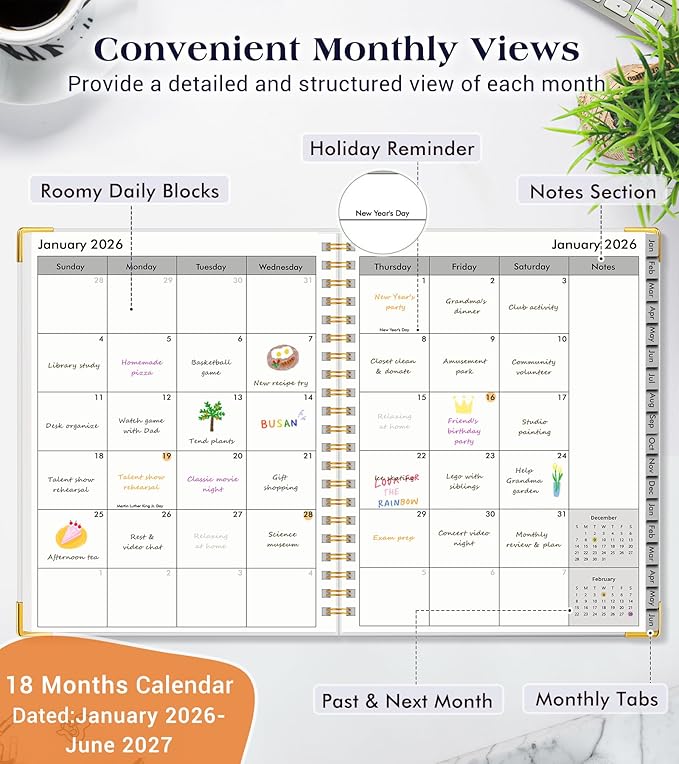 Planner 2026-2027, 18 Months Weekly and Monthly Hardcover Planner, January 2026 - June 2027, 8.5" x 11" A4 Large Daily Calendar Planner Book with Tabs, Spiral Yearly Agenda Organizer Notebook for School Work Home, White
