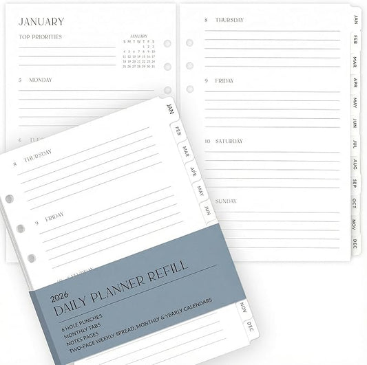 Beautiful 2026 Daily Planner Inserts for 6 Ring Binders – Durable A5 Paper Refill Set 5.5" x 8.3" - Refills Incl. Tabs & Monthly Calendar Spreads - From January 2026 - December 2026