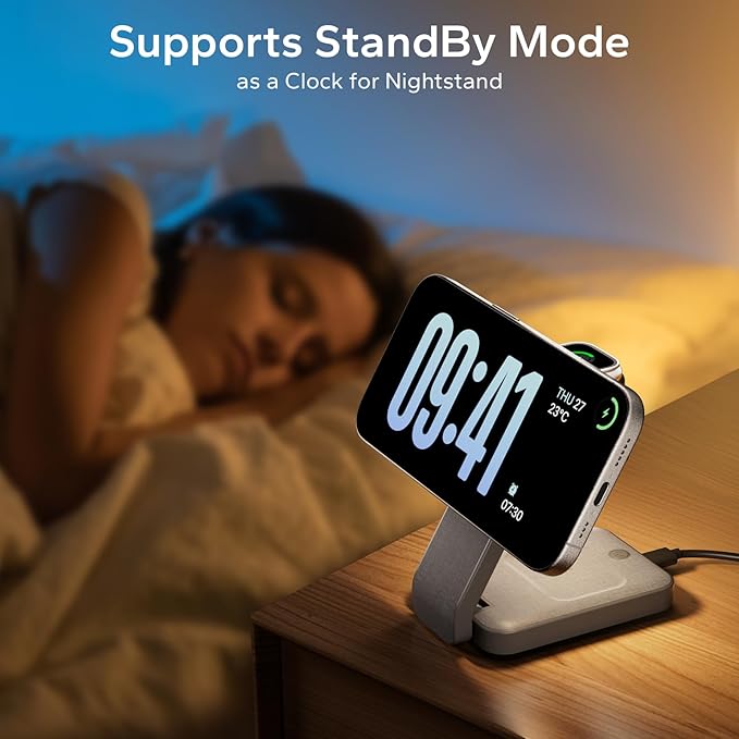 3 in 1 Foldable Wireless Charging Station for MagSafe, Nightstand Magnetic Charger Stand for iPhone 17 16 15 14 Pro Max, Travel Charging Dock with Night Light for Apple Watch/AirPods (Gray)