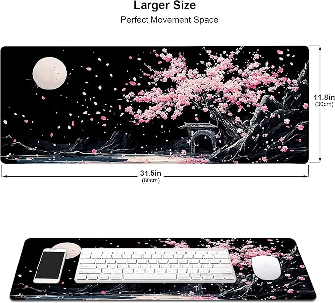 Black Japanese Cherry Blossom Large Mouse Pad, Desk Mat Computer Keyboard Pad Non-Slip Rubber Base Waterproof with Stitched Edges for Laptop Gaming, Office & Home 31.5 x 11.8 Inch (XL-21)