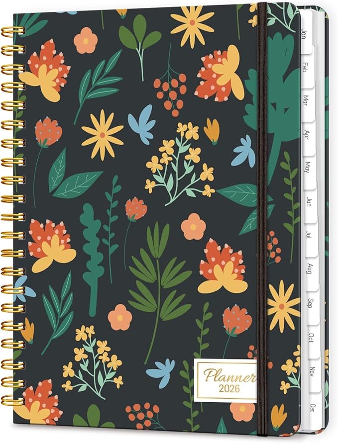 2026 Planner, A5 Weekly and Monthly Planners with Tabs, Spiral Bound Daily Calendar 2026 Planner, Agenda Organizers from Jan. to Dec., Hardcover Habit Tracker Journal 6.18" x 8.5"(Orange Flower)